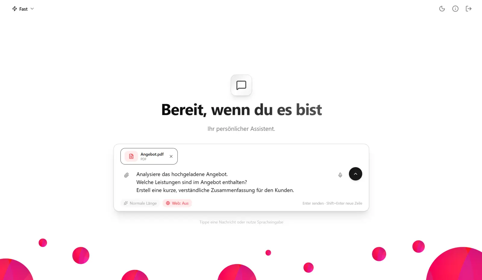Cowork-Chat: persönlicher Assistent mit angehängtem PDF und Prompt zur Angebotsanalyse
