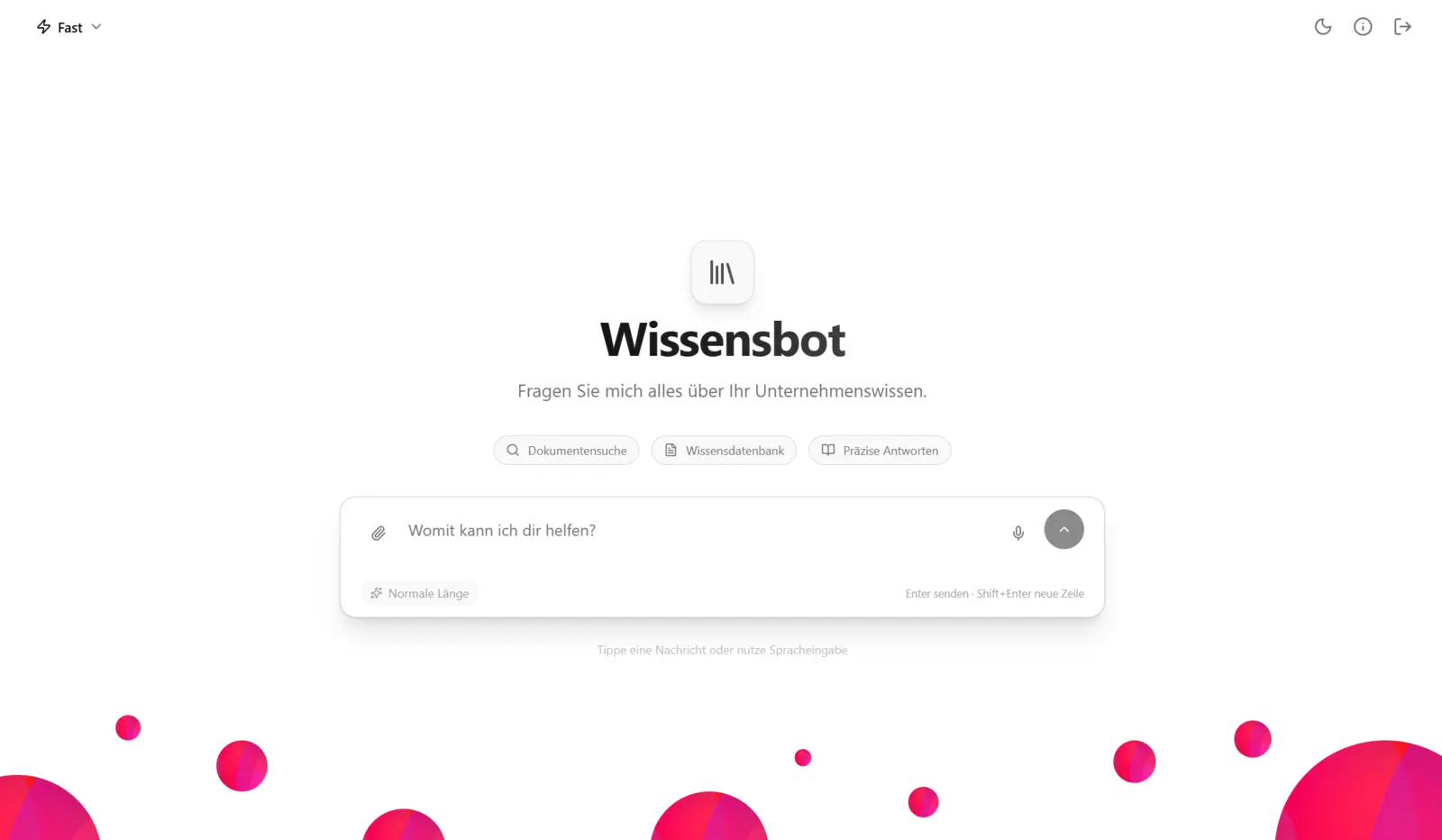 Cowork-Oberfläche: Wissensbot mit Eingabezeile „Womit kann ich dir helfen?“ und Funktions-Chips